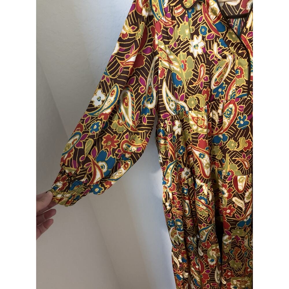Umgee Brown Gold Paisley Silky Polyester Boho Tiered 3/4 Sleeves Maxi Dress Sz L - Picture 2 of 5